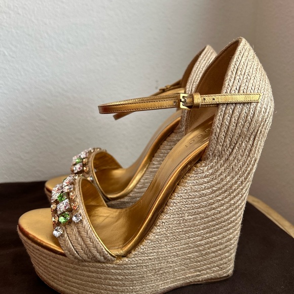 Gucci Rhinestone Ankle Strap Wedge Espadrilles. - Picture 5 of 11